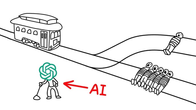Cartoon of the trolley problem: an AI (drawn with the OpenAI logo as a head) stands at the lever, deciding whether to divert the trolley toward one person or a group of five