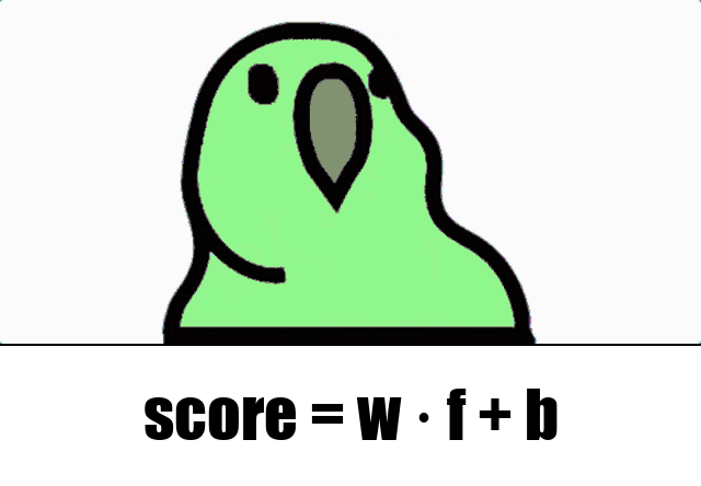 A cheerful cartoon parrot, captioned with the decoding objective's regression formula: score equals w dot f plus b